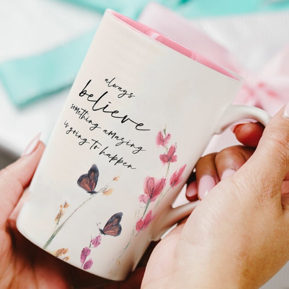Coffee Mug, Latte Cup, Believe - watercolor floral art by Amylee Weeks